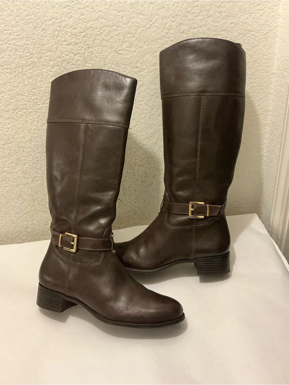 Banana Republic Sloanne Dark Brown Leather Knee Boots with Gold Buckle
